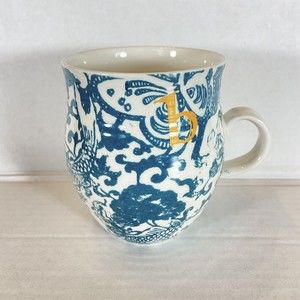 Anthropologie Homegrown Monogram Initial Coffee Mug Tea Cup B Blue Floral & Koi
